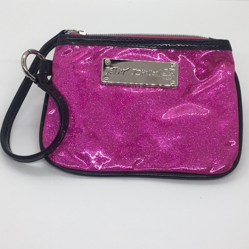 NWT Betsey Johnson Pink Glitter & Black Zipper Change Purse Wristlet